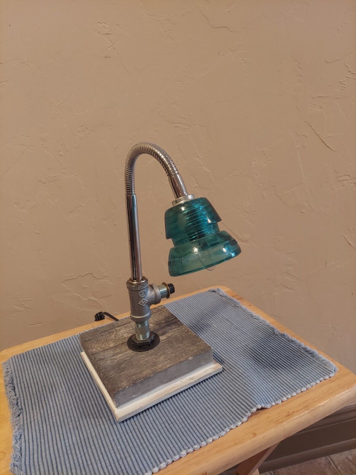  Steampunk Industrial Style Gooseneck Lamp With Hemingray Insulator Shade. 