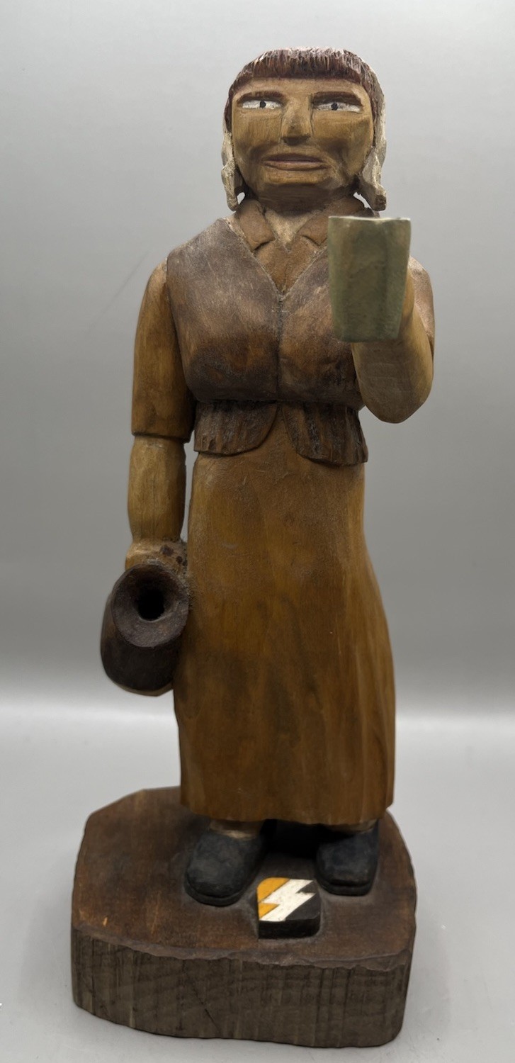 Vintage Roy Pace Hand-Carved Folk Art of Rural Woman W/Cup 1980