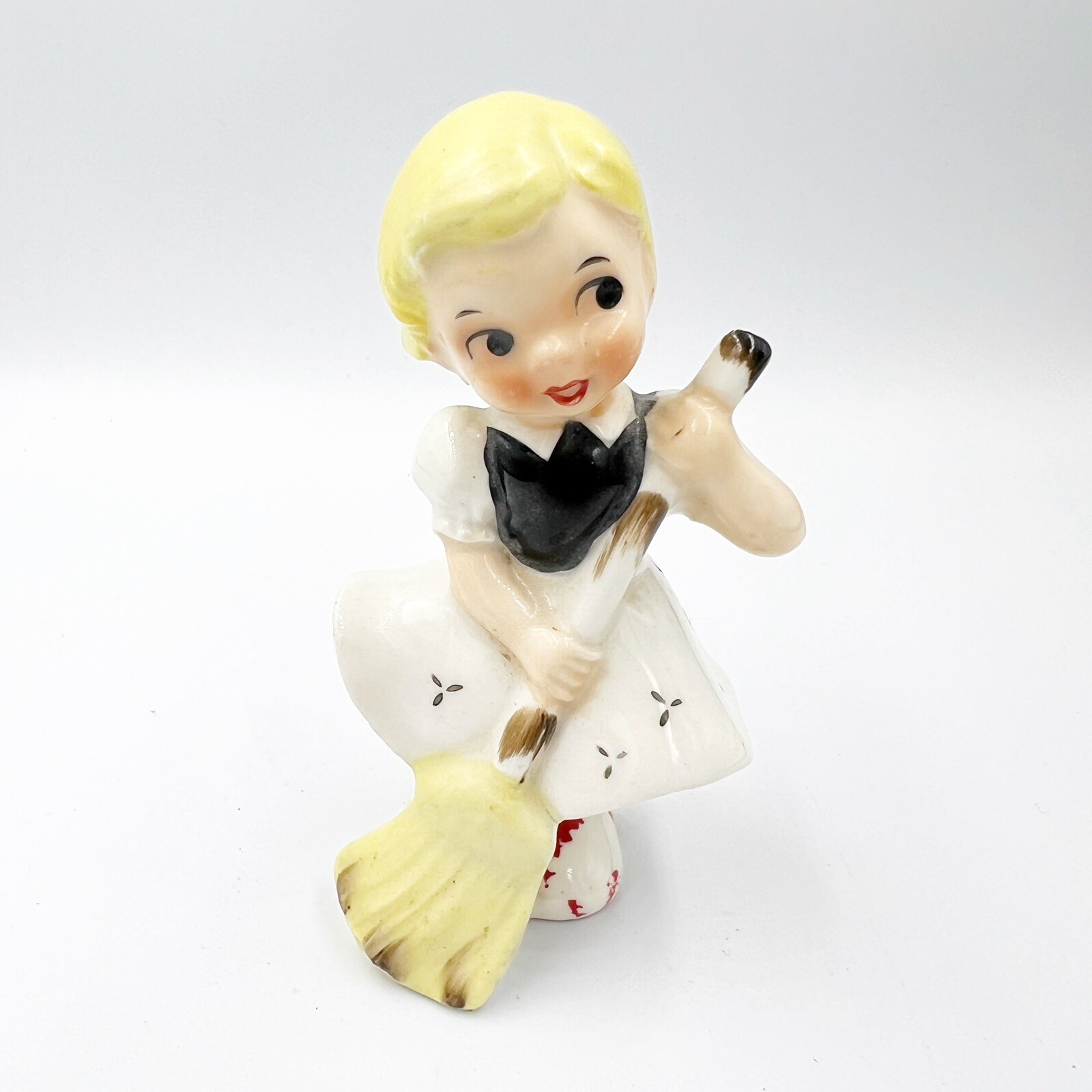 Vtg Ucago Girl Figurine Japan Holding Broom Rosy Cheeks Blonde