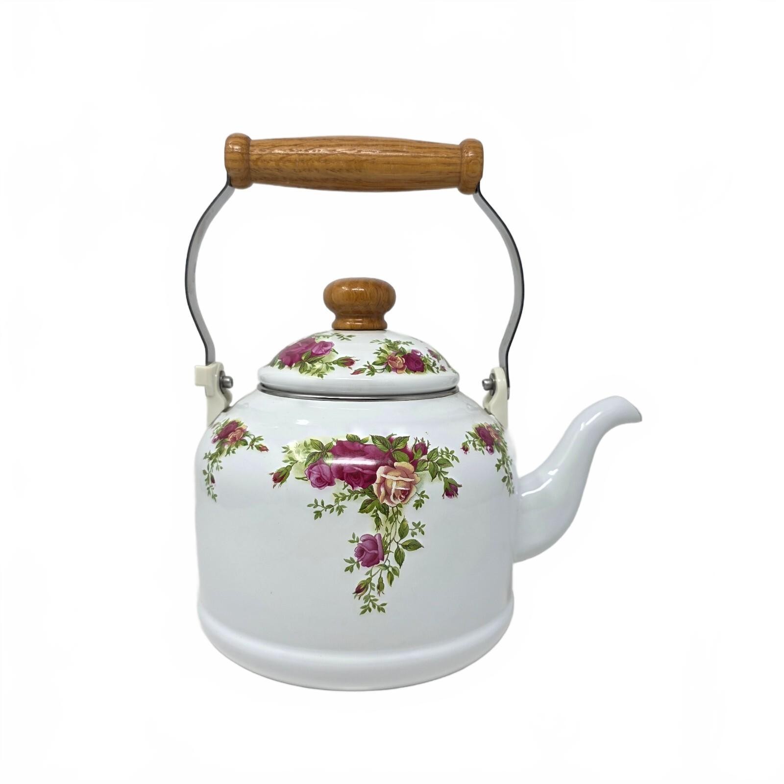 Vintage Royal Albert Old Country Roses Enamel Tea Kettle Wood Handle Floral Vintage Royal Albert Old Country Roses Enamel Tea Kettle Wood Handle Floral