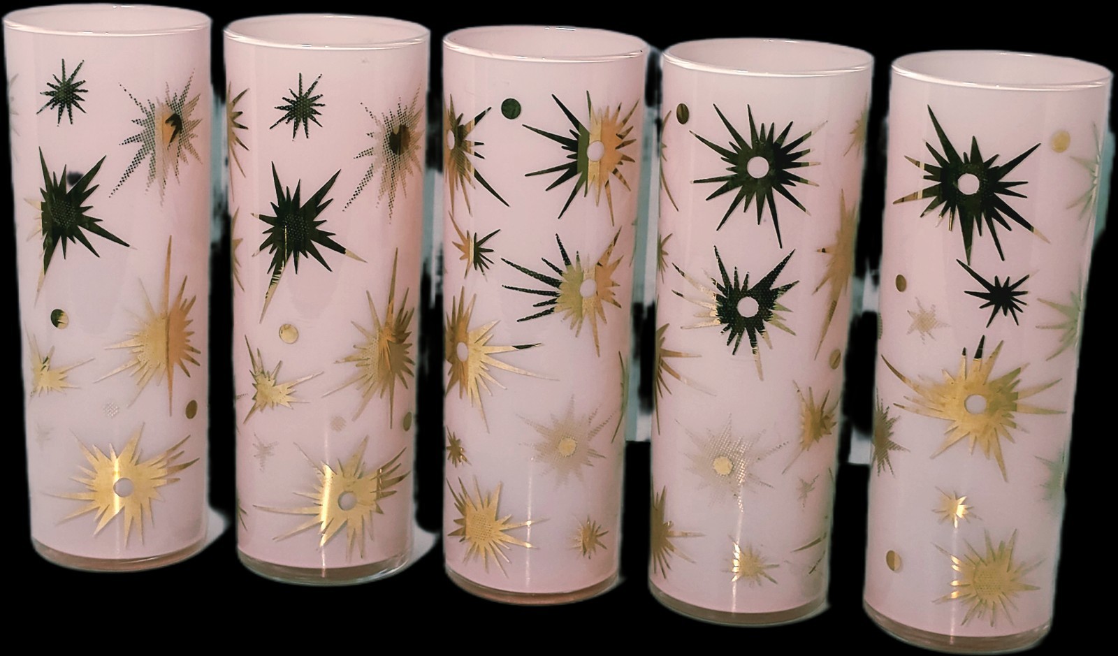 Set 5 Atomic Starburst Tumblers Federal Glass 22k Gold MCM Barware 
