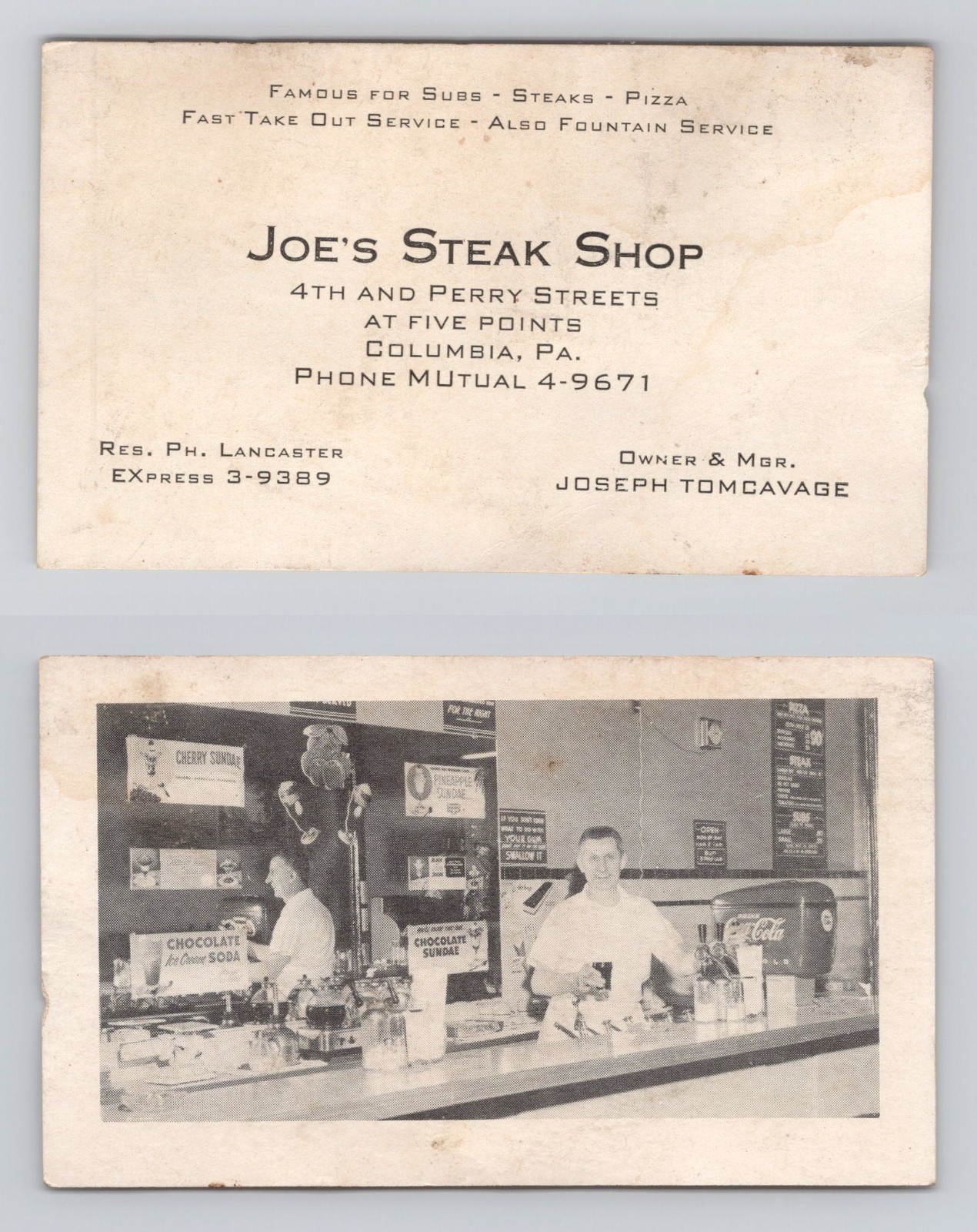 1950s Joe's Steak Shop Columbia PA Business Trade Card Soda Fountain Restaurant