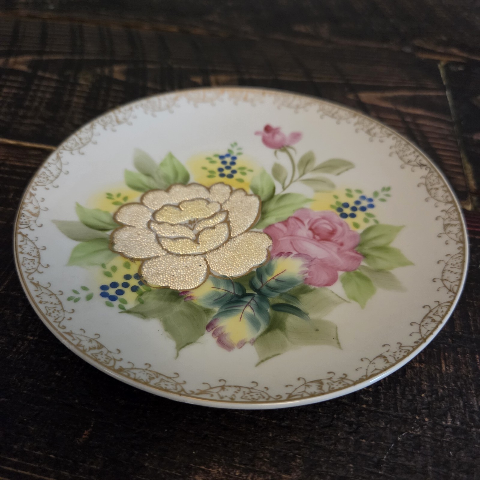 Vintage Wheelock Peoria Japan Raised Yellow Rose Pink Roses Collector Plate 