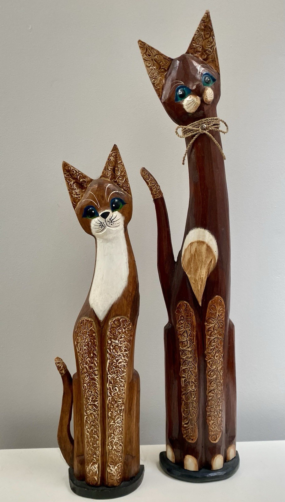 Large Bohemian Vintage Carved Wood Sitting Cat Statue Pair Indonesian Folk Art