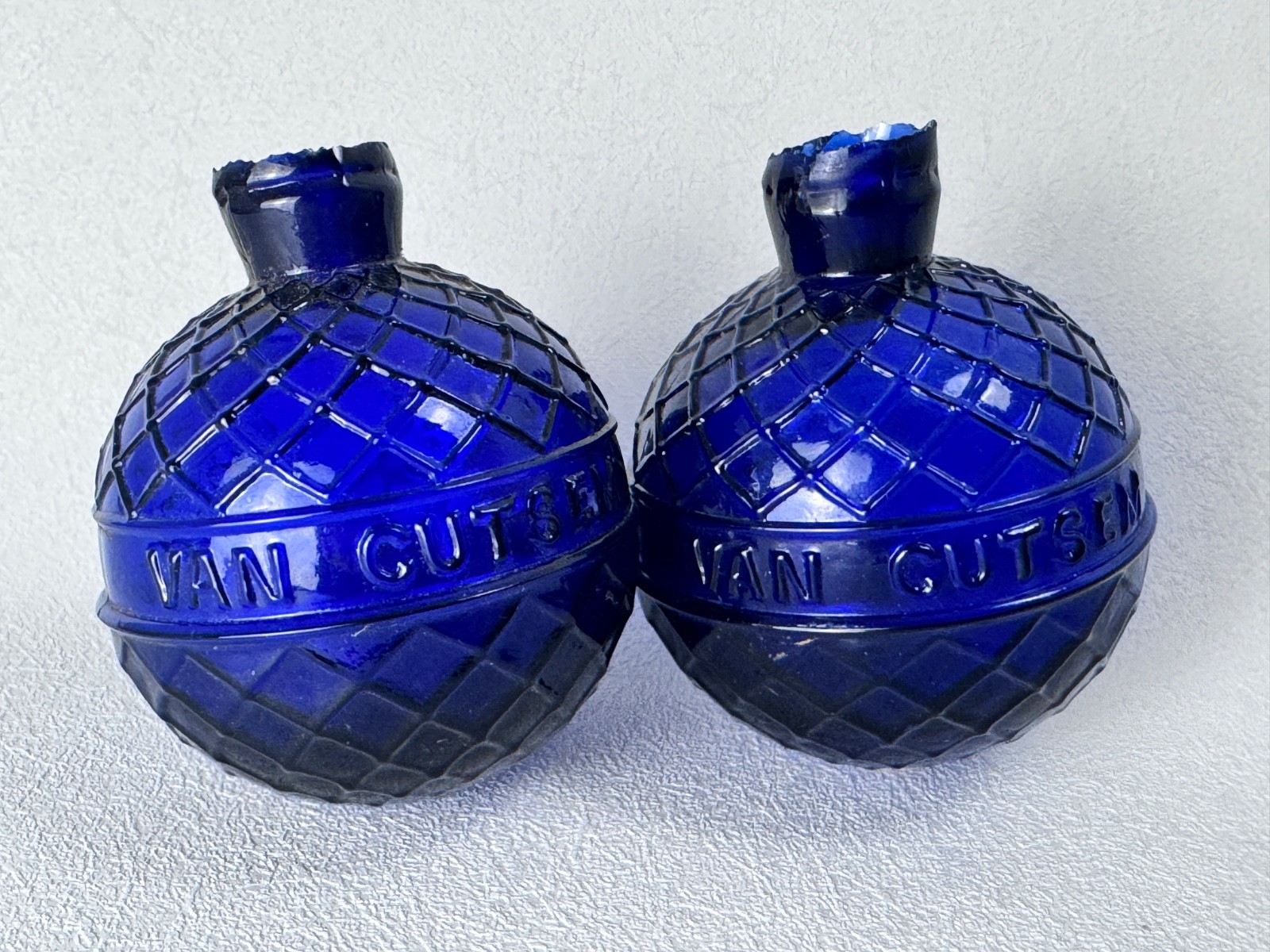 (2) 1880s Van Cutsem St. Quentin COBALT BLUE GLASS Target Ball Quilted Trapshoot