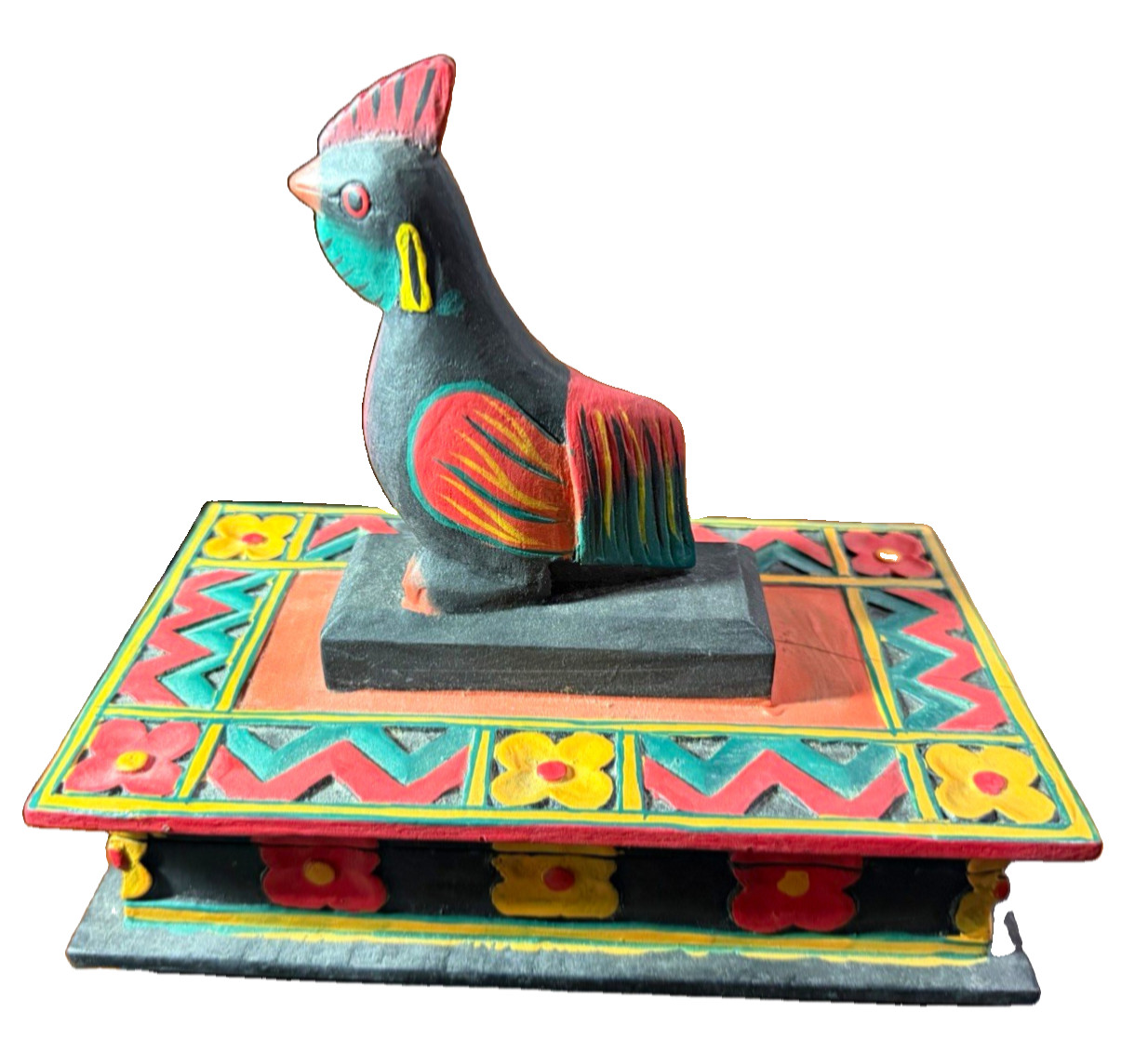Hand Carved Painted Wood Rooster Trinket Box Folk Art Floral Decor Storage
