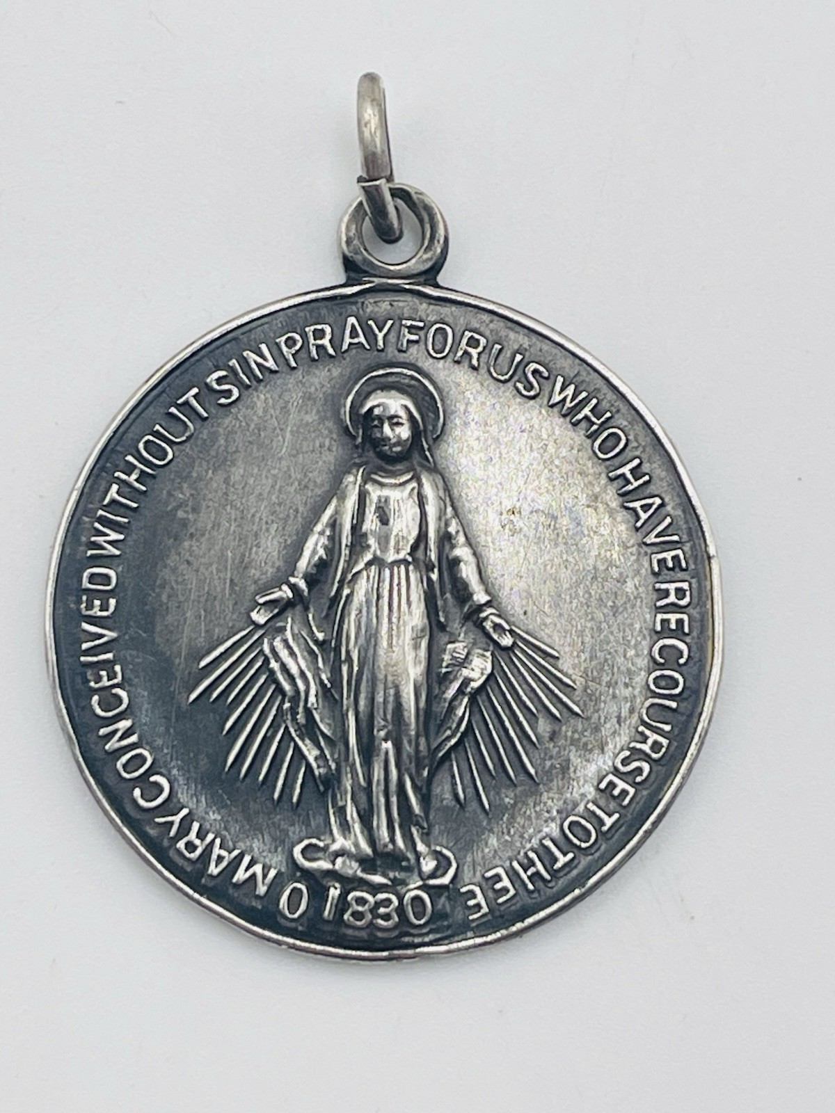 Vintage Round Sterling Silver Miraculous Medal/Pendant Mary Pray For Us