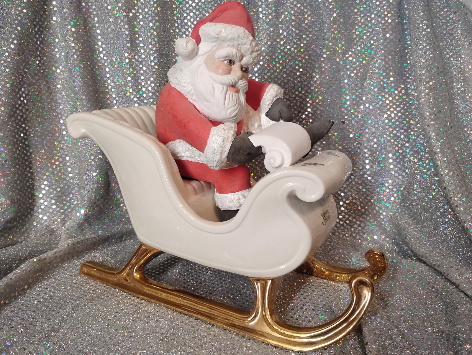 Vintage Atlantic Mold 12” Christmas Sleigh White And Gold W/ Ceramic Santa Vintage Atlantic Mold 12” Christmas Sleigh White And Gold W/ Ceramic Santa