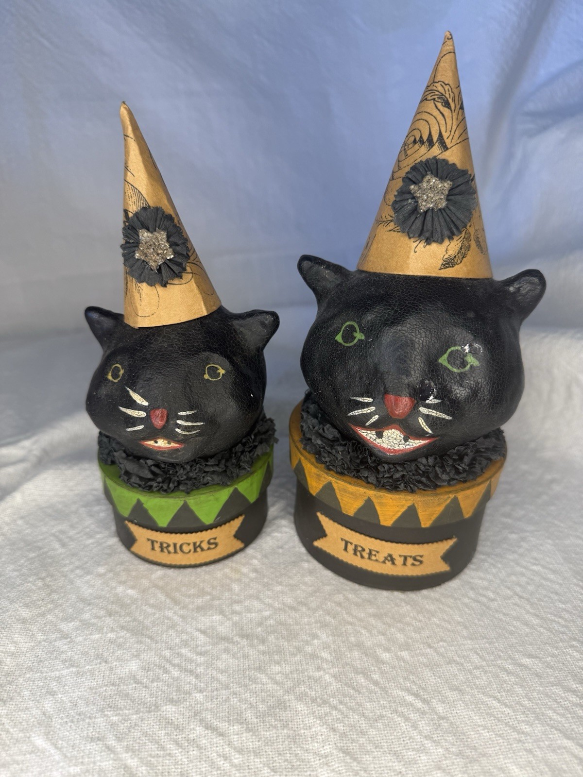2004 Nicol Sayre Halloween Black Cat Tricks & Treats Boxes Pair Midwest Folk Art