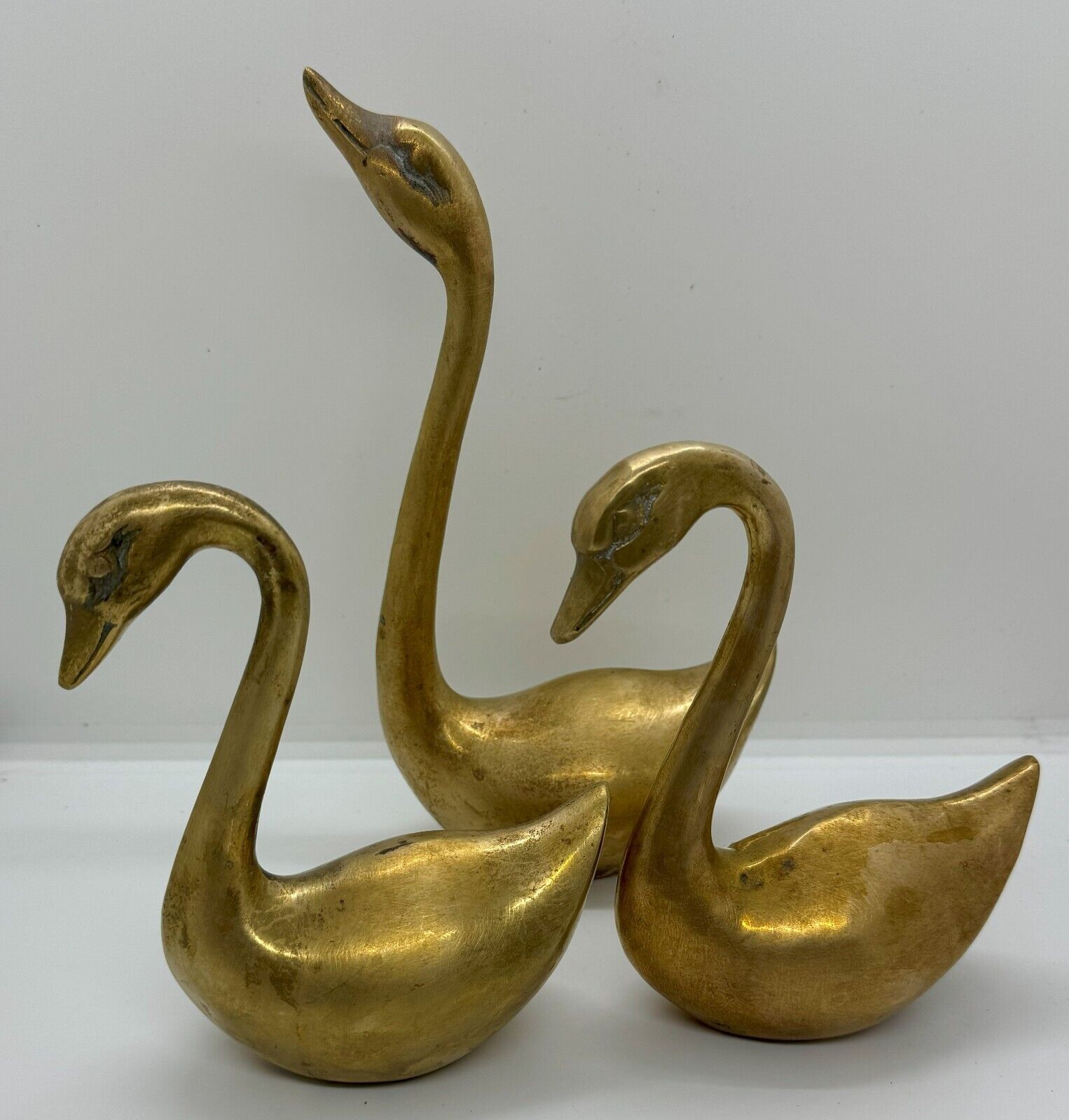 Set of 3 Vintage Solid Brass Swan Figurines 8.5 and 5.75 Tall