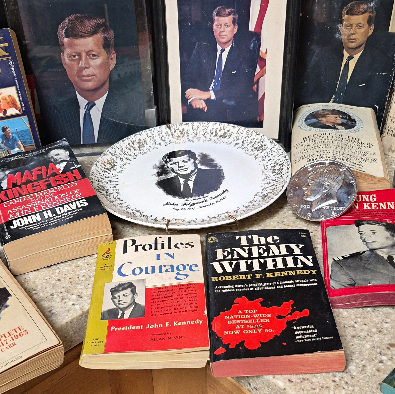 JFK John F. Kennedy Memorabilia Lot Books Photo Prints Decorative Plate Glass