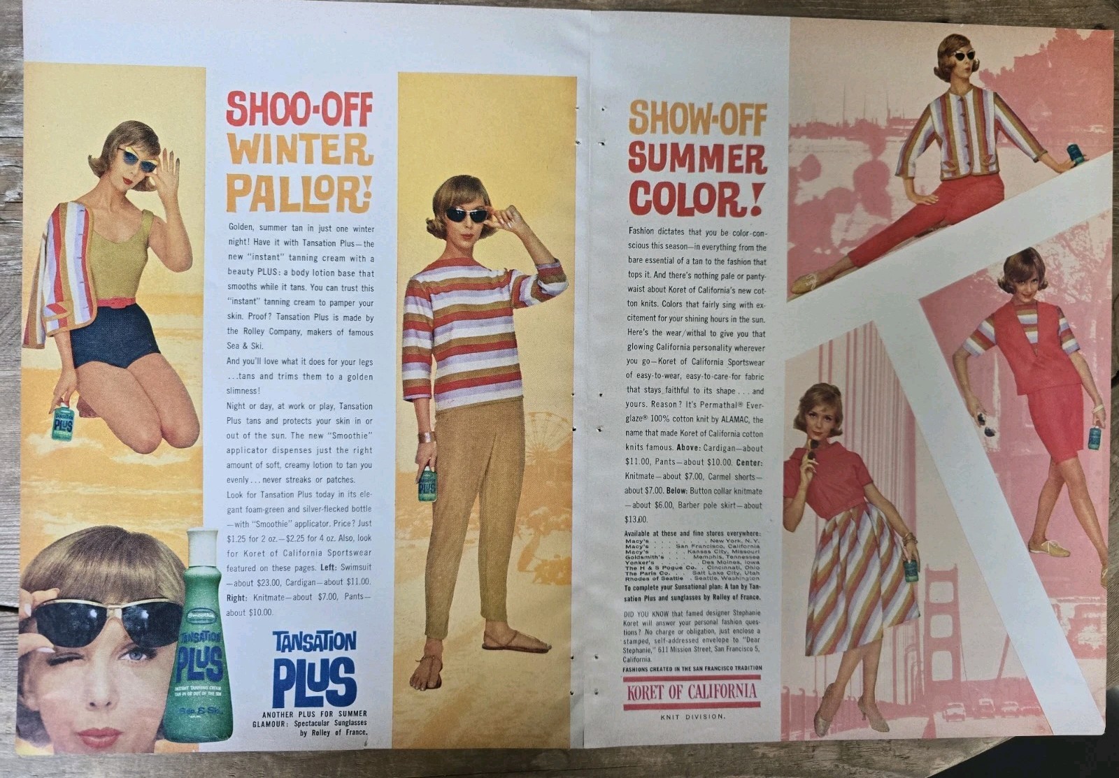 1961 Women\'s Koret Of California Clothing Tansation Plus Suntan Lotion 2 Pg Ad