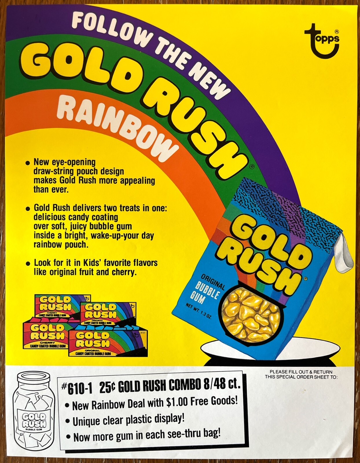 1980s Topps Gold Rush Bubble Gum Sale Sell Sheet #610-1 New Gold Rush Rainbow 1980s Topps Gold Rush Bubble Gum Sale Sell Sheet #610-1 New Gold Rush Rainbow