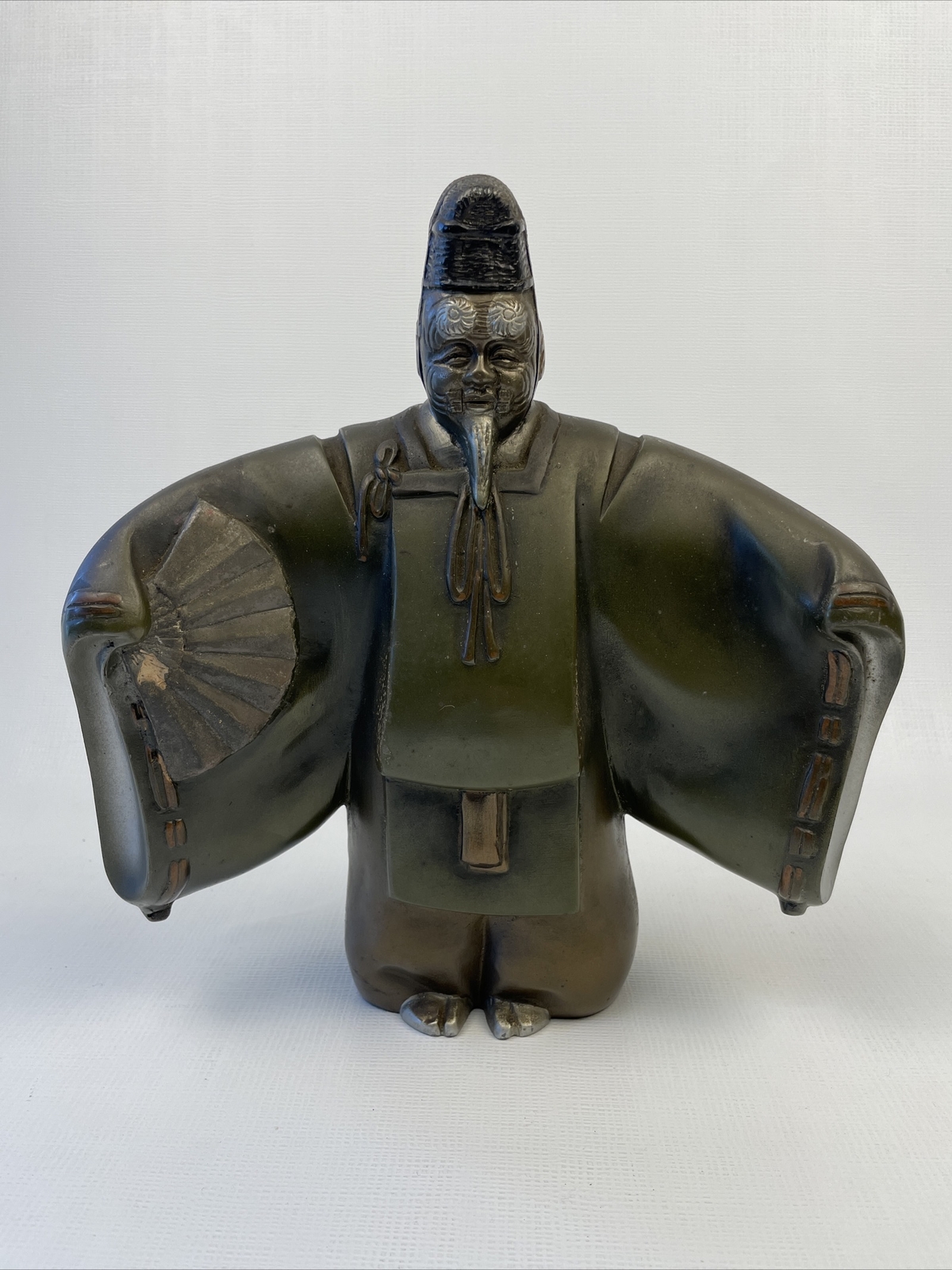 Vintage OKINA NOH DOLL Kabuki Dancer Mixed Metal Bronze Statue 1950\'s JAPAN 10”