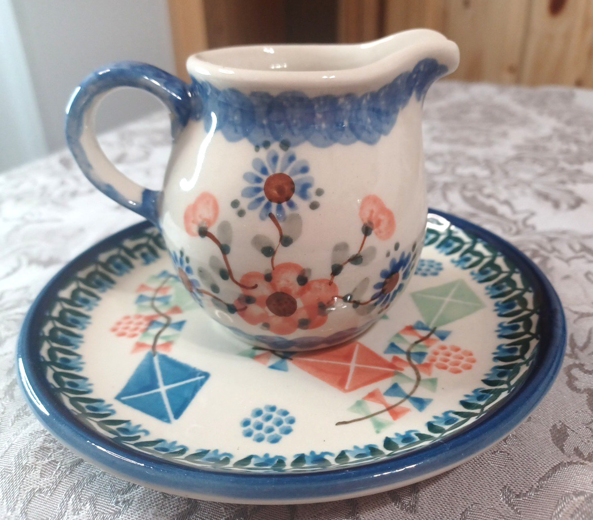 VTG Poland Polish Pottery Plate Creamer Pitcher Small 3\