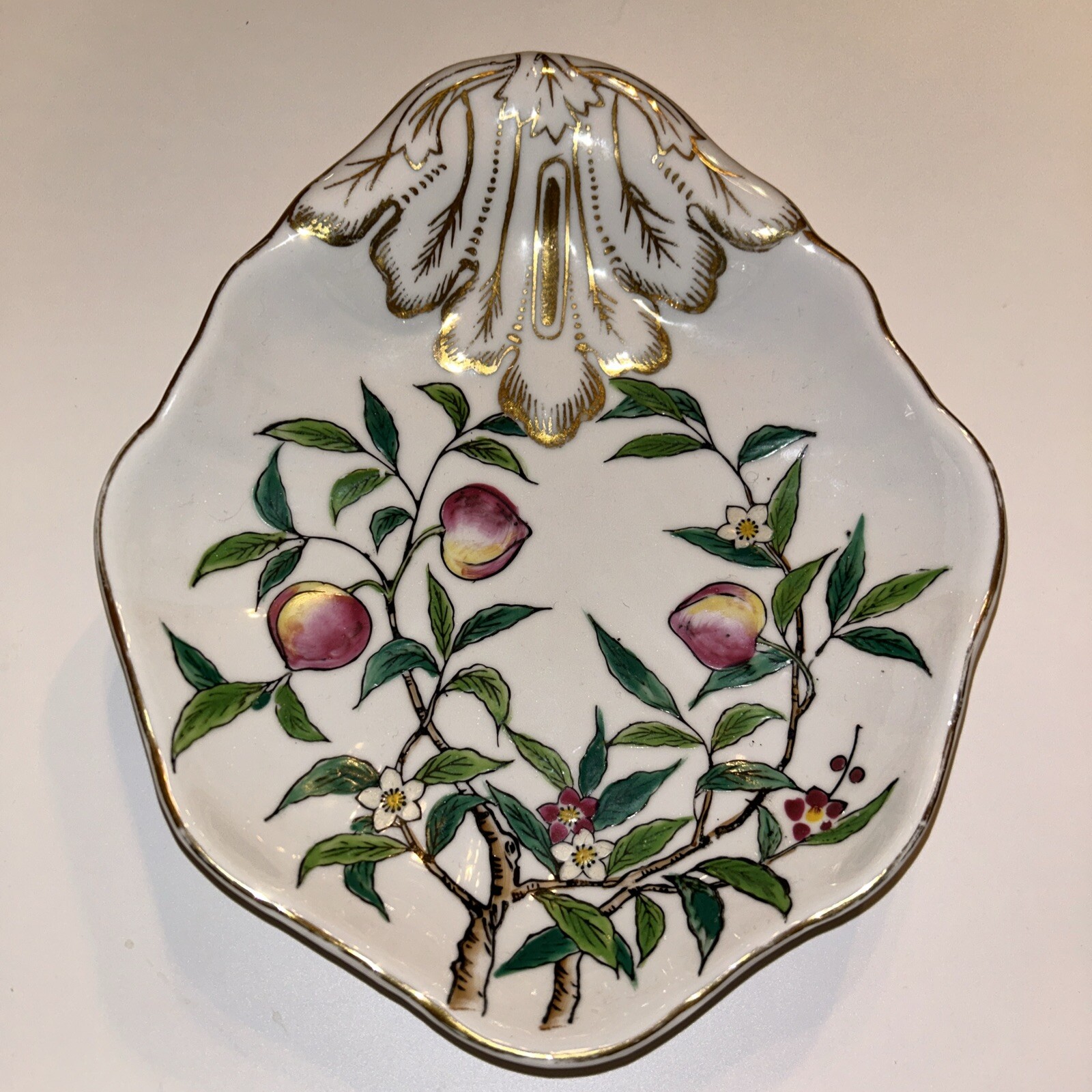 Vintage Japanese Kutani porcelain shell shaped peaches small serving tray Vintage Japanese Kutani porcelain shell shaped peaches small serving tray