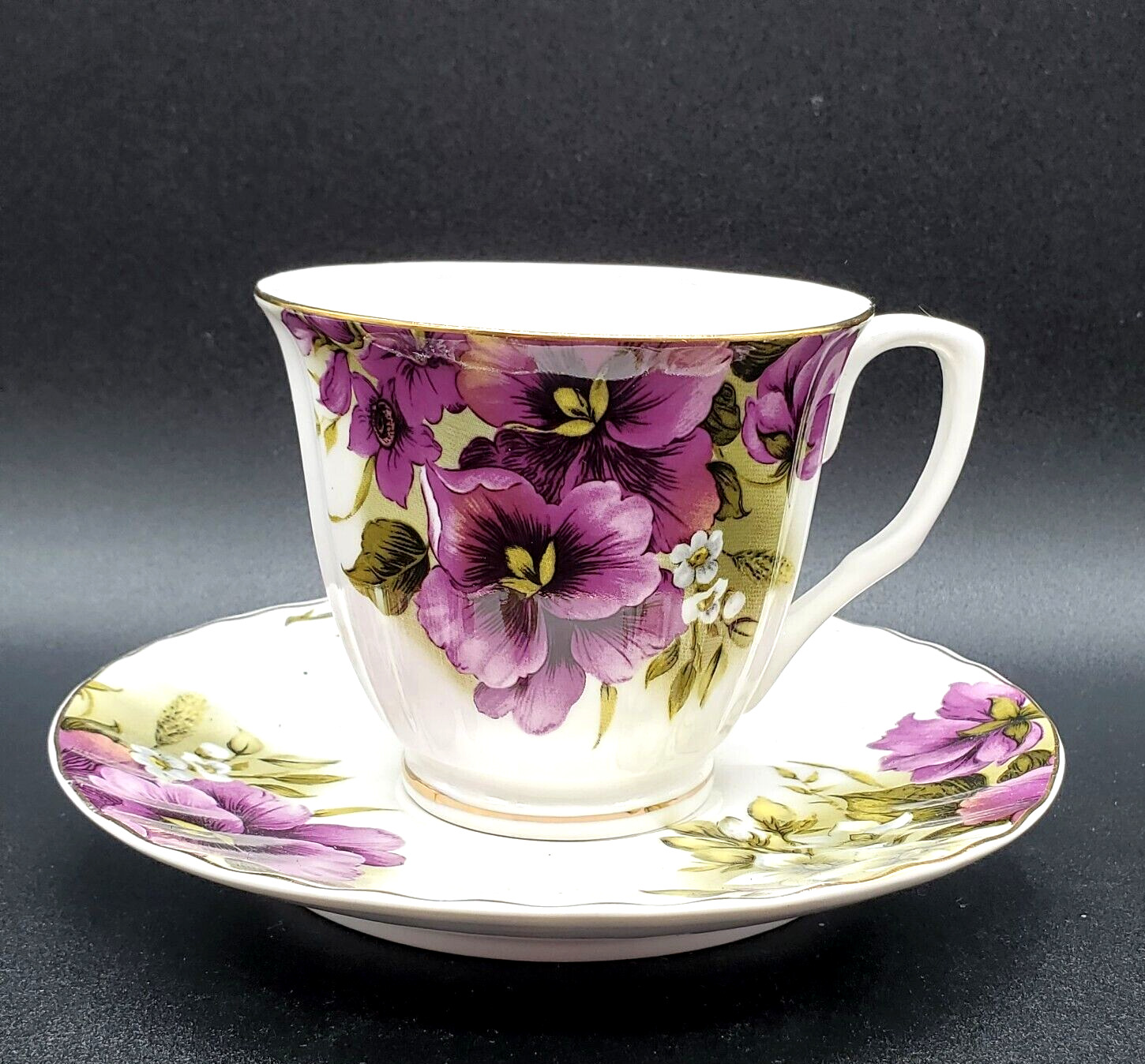 Grace's Teaware Purple Pansies Violets Cup Saucer Teacup Set Cottagecore French