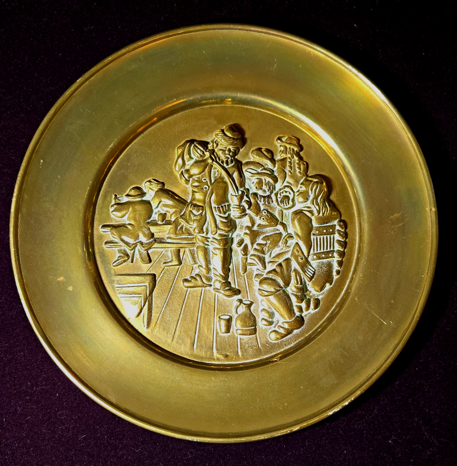 VTG Collini Austria Signed Solid Brass Wall Hanging Plate - Tavern Pub Scene 9\