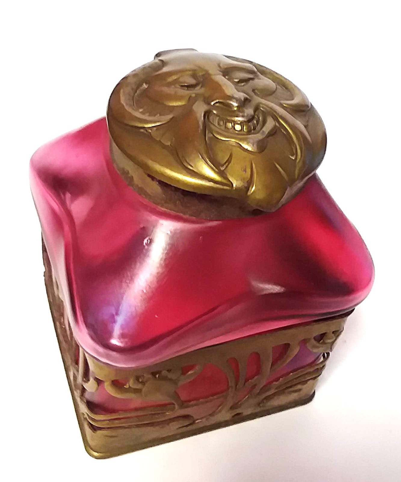 Antique Bohemian Art Nouveau Cranberry Iridescent Glass Inkwell