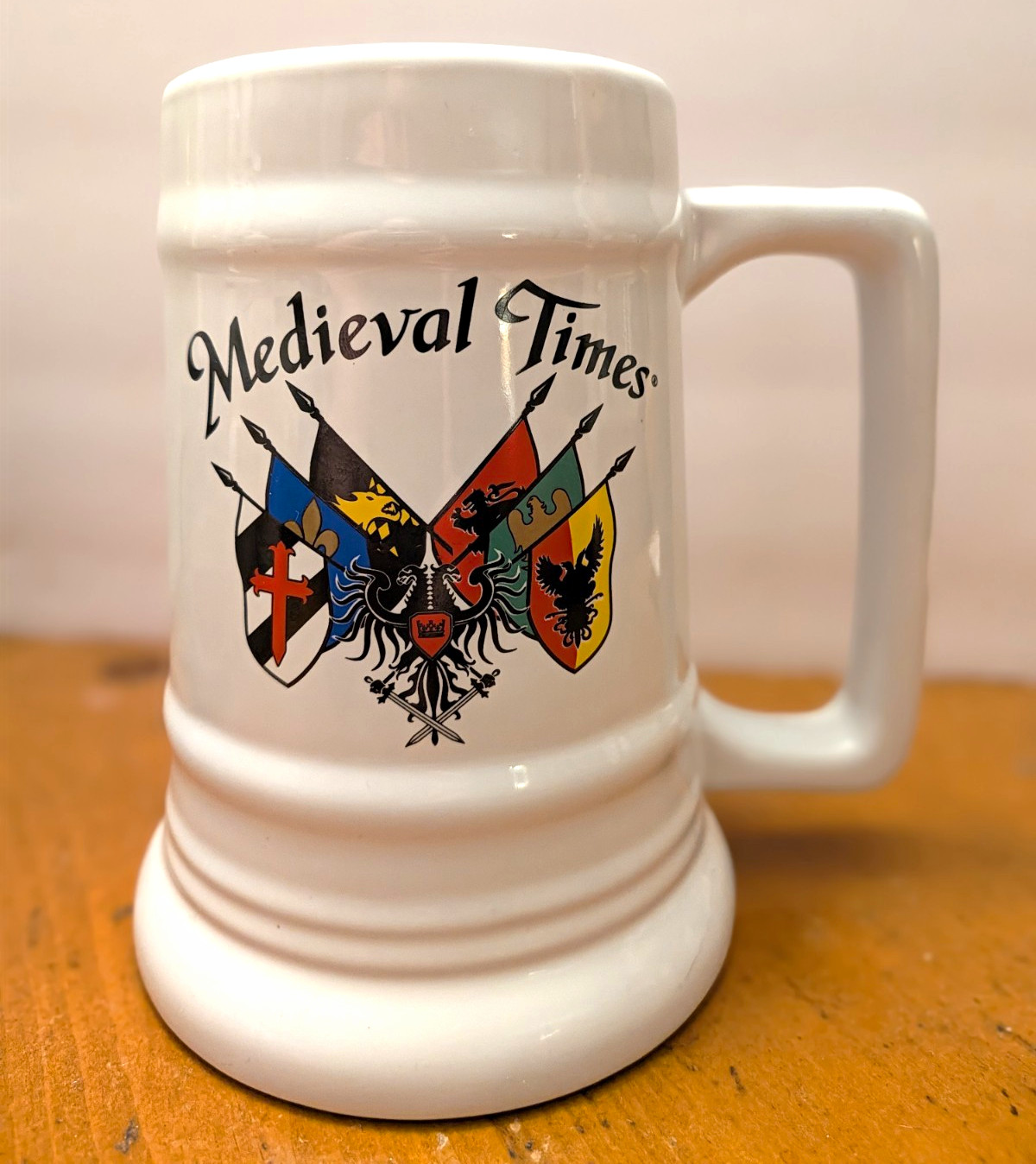 Vintage Medieval Times Souvenir Beer Stein Mug Ceramic 32oz Tankard Crest Flags