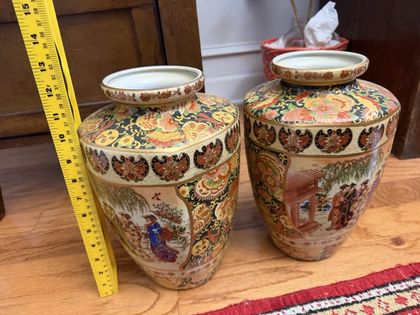 Pair Of Vintage Hand Painted Satsuma Style Gilded Vases 10” Geisha Pair Of Vintage Hand Painted Satsuma Style Gilded Vases 10” Geisha