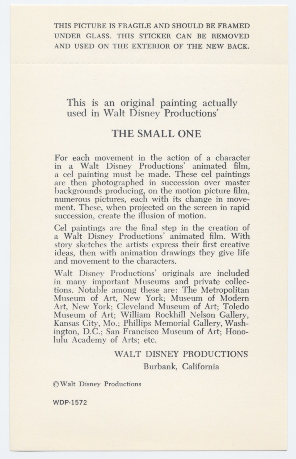 Disney THE SMALL ONE Animation Cel Label of Authenticity, 1970s-1980s