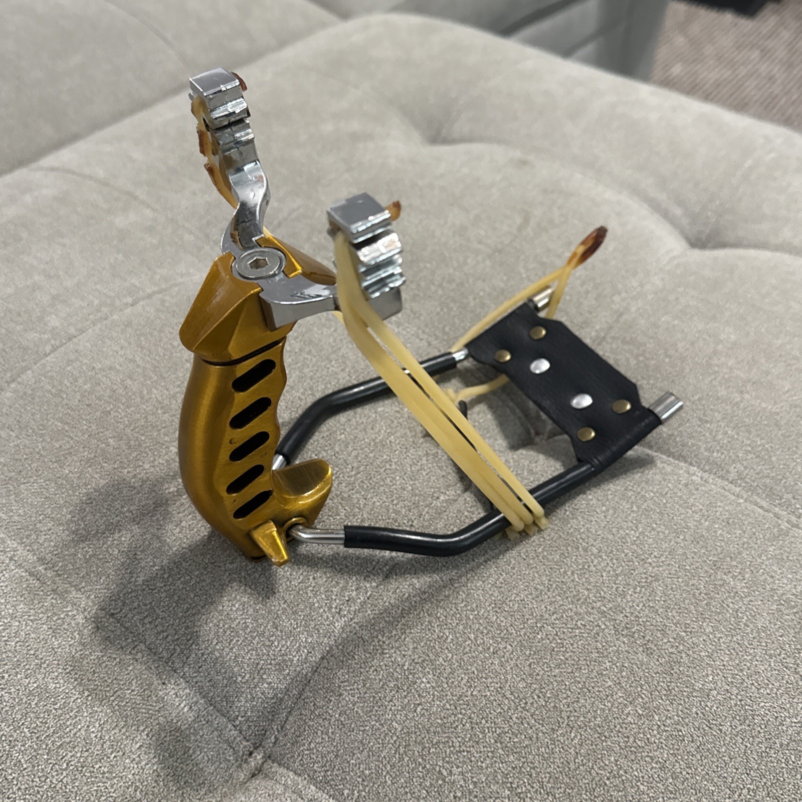 Metal Slingshot With Rubber And Leather Bands Gold Painted Strong Hunting