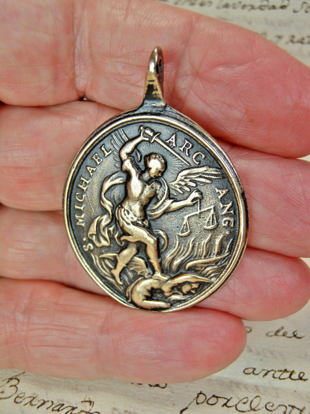 ANTIQUE 18TH ST MICHAEL JAMES THE GREATER OUR LADY OF PILLAR BRONZE MEDAL