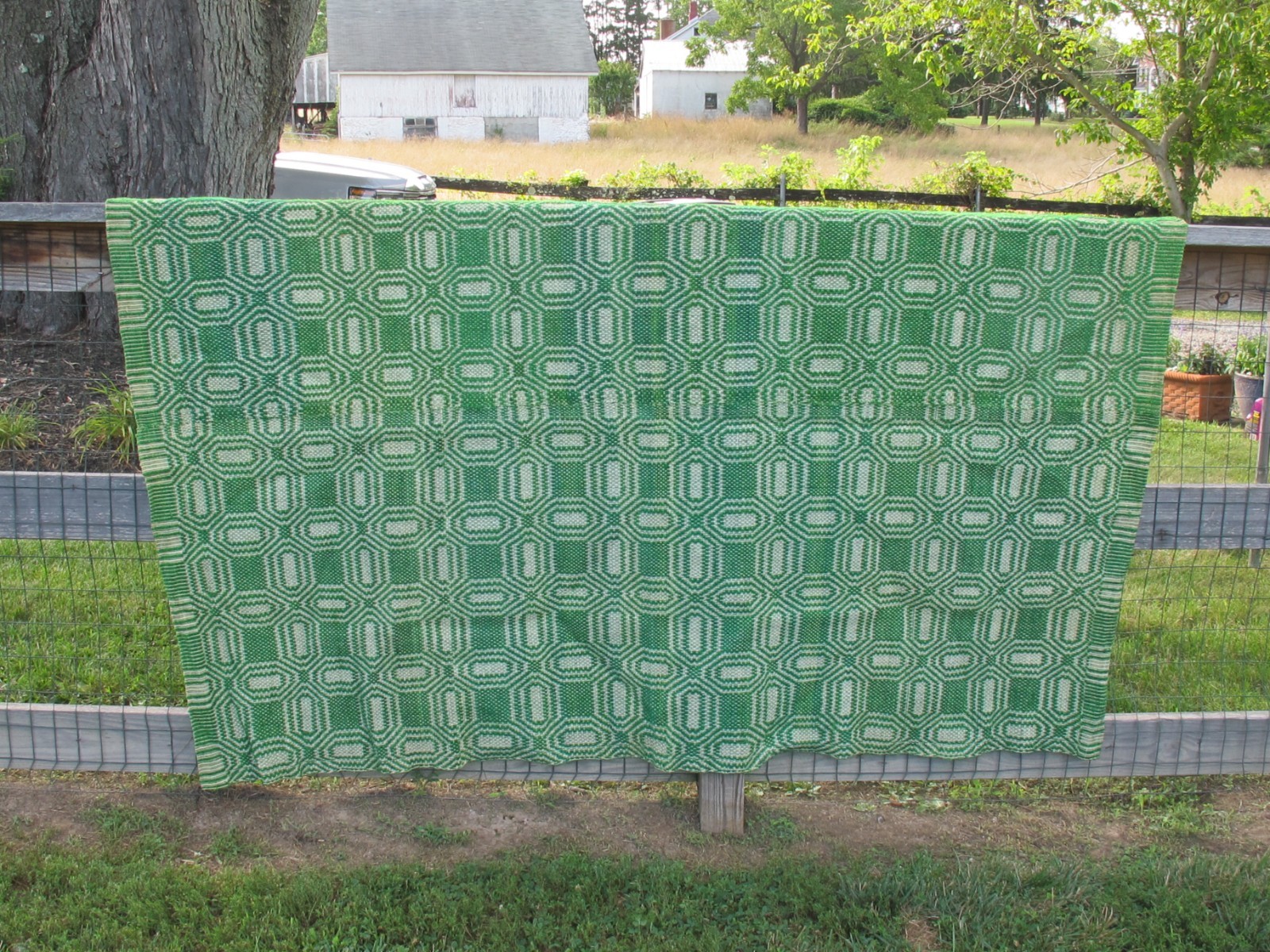 Antique Red Green & White Jacquard Woven Wool Coverlet 54\