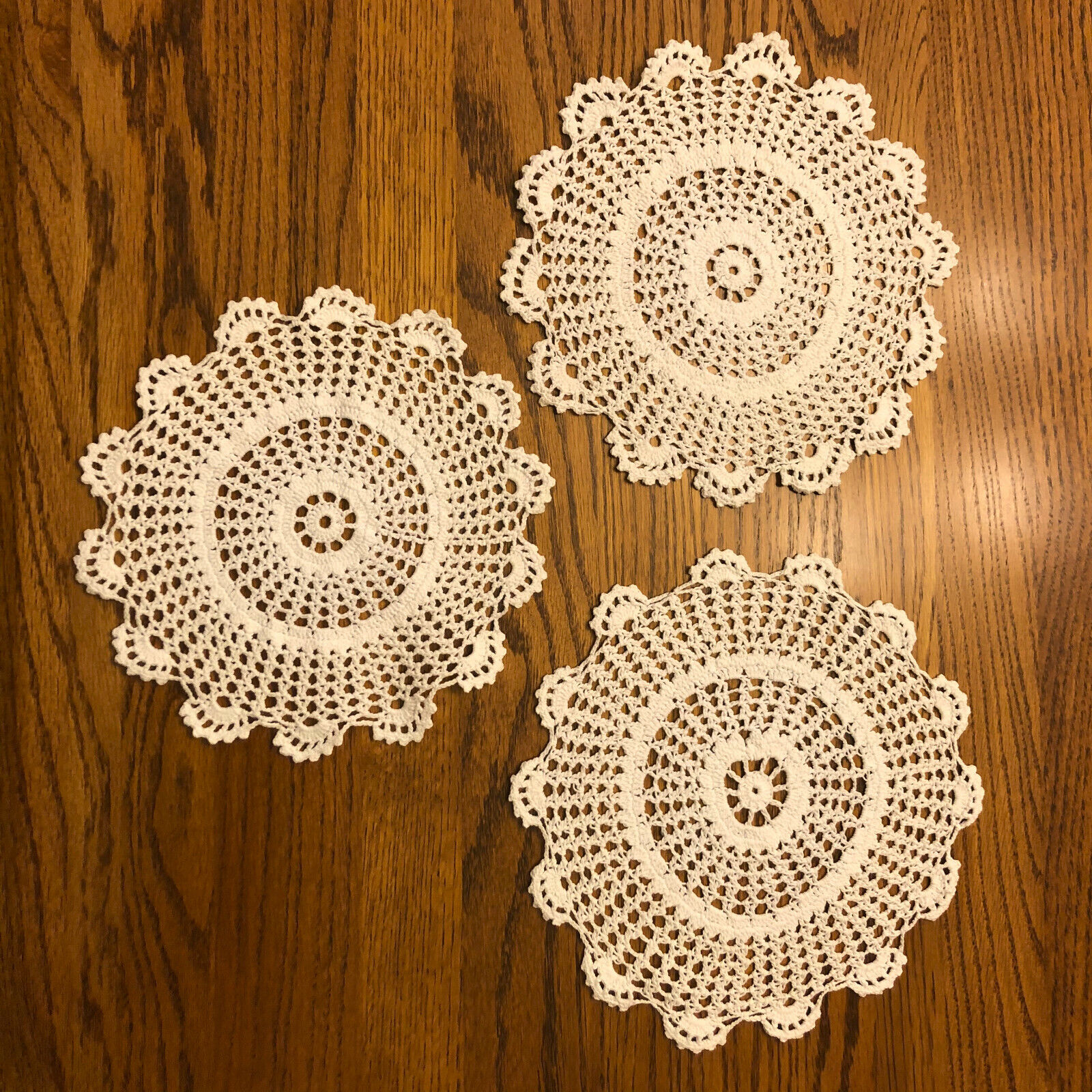 3 Vintage Handmade Crochet Doilies with Scalloped Edges- Beautiful