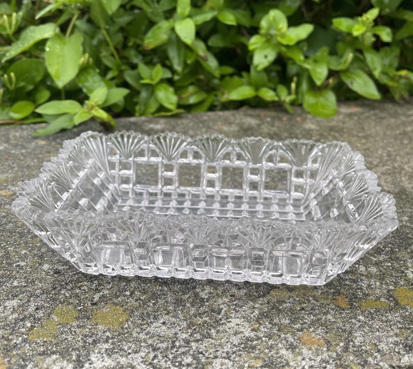 Vttg Rectangular Cut Crystal Open Relish Dish Block And Fan Pattern Clear EUC