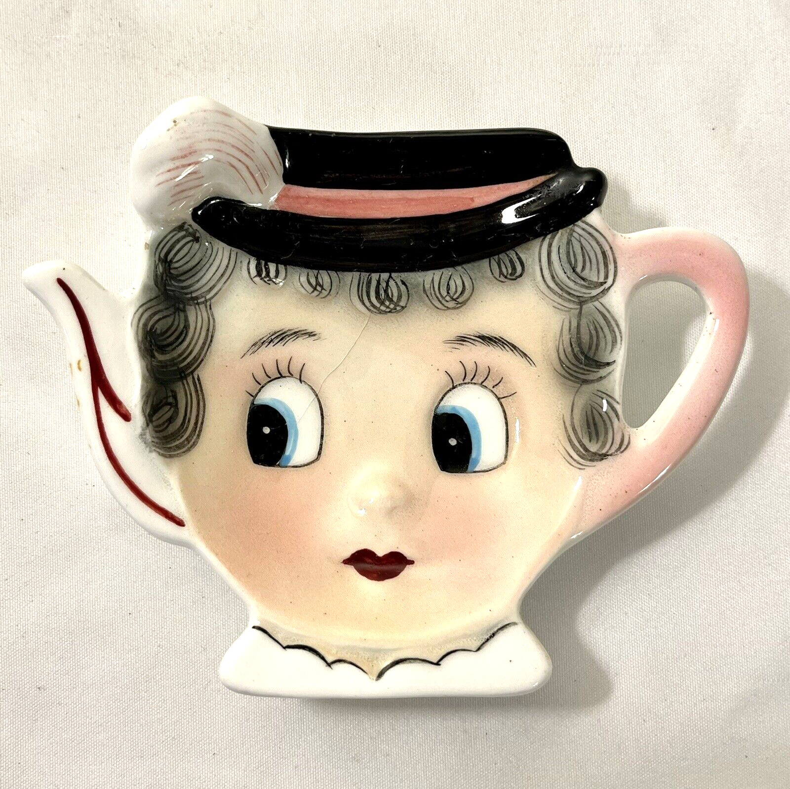 Vintage PY Japan RARE Ceramic Anthropomorphic Granny Tea Bag Holder/Rest READ