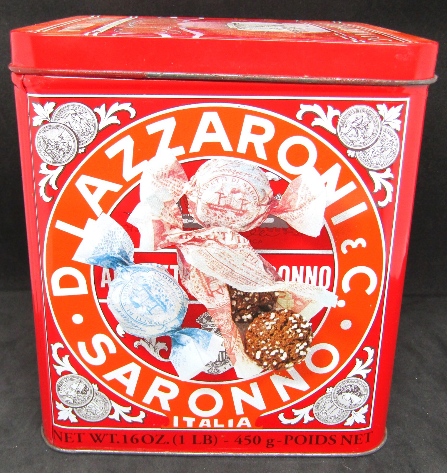 Lazzaroni Saronno Empty Cookie/Candy Tin. Amaretti. Italy. Red. Square.