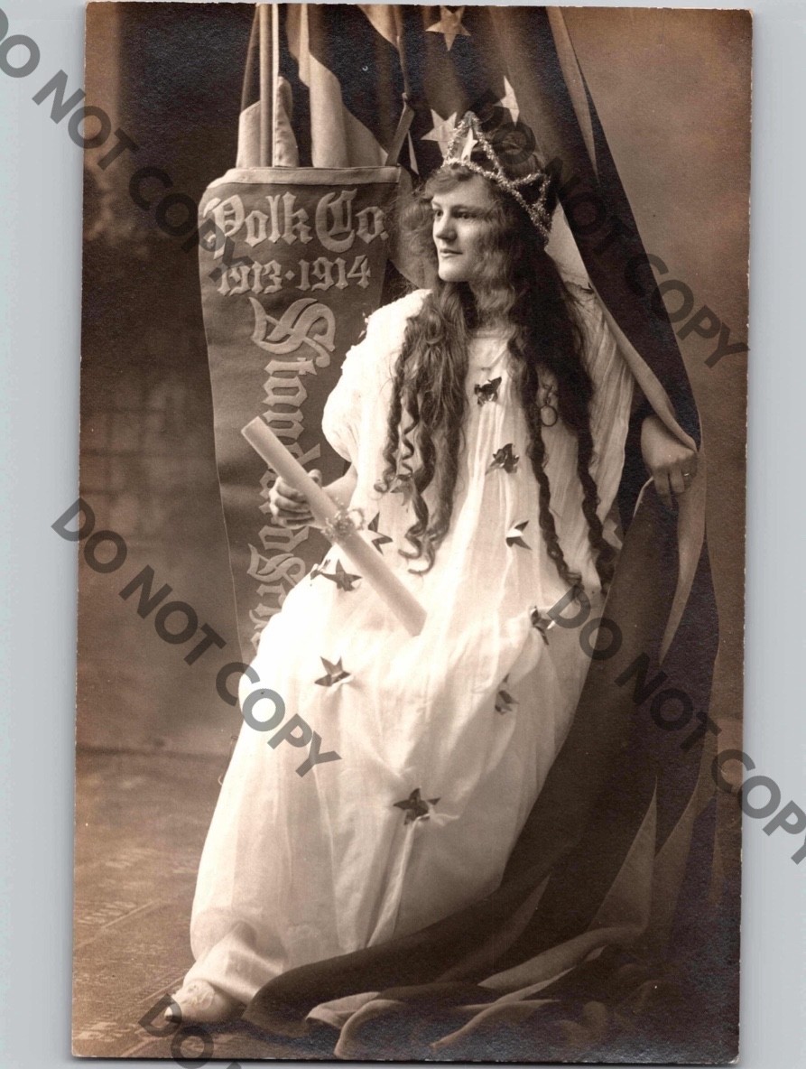WOW c1910 Lady Liberty American Flag Dress Crown POLK COUNTY IA WI GA TN FL RPPC