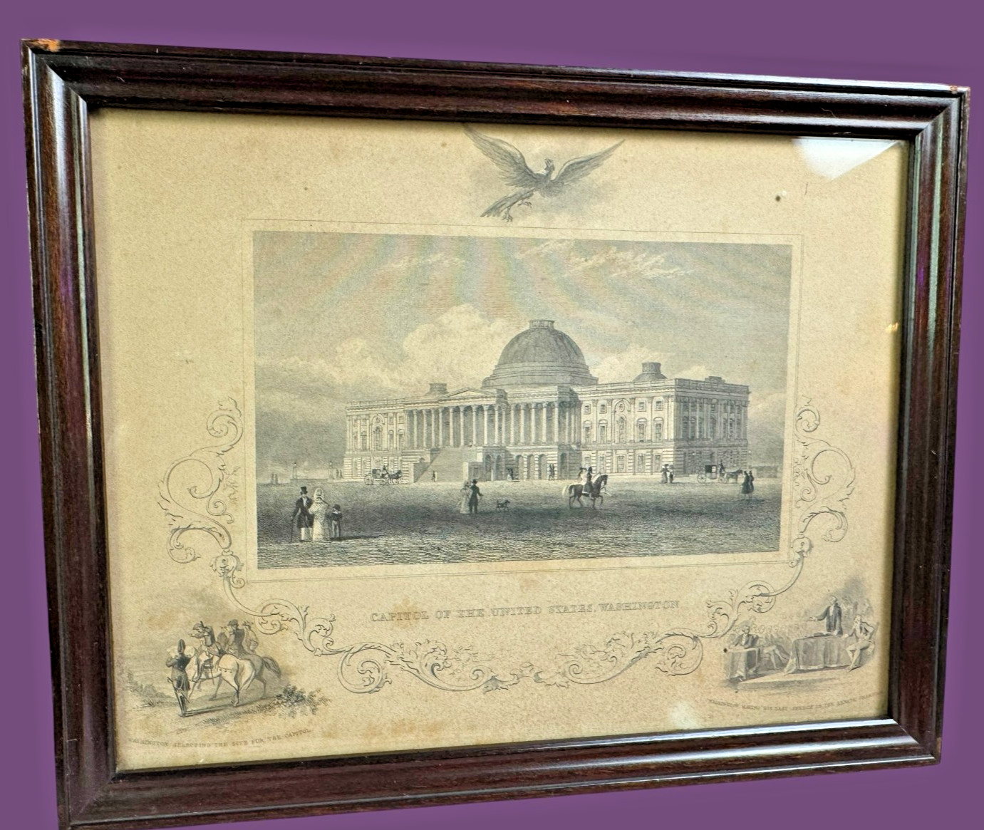 Antique US Capitol Washington DC Engraving George Washington Framed Americana