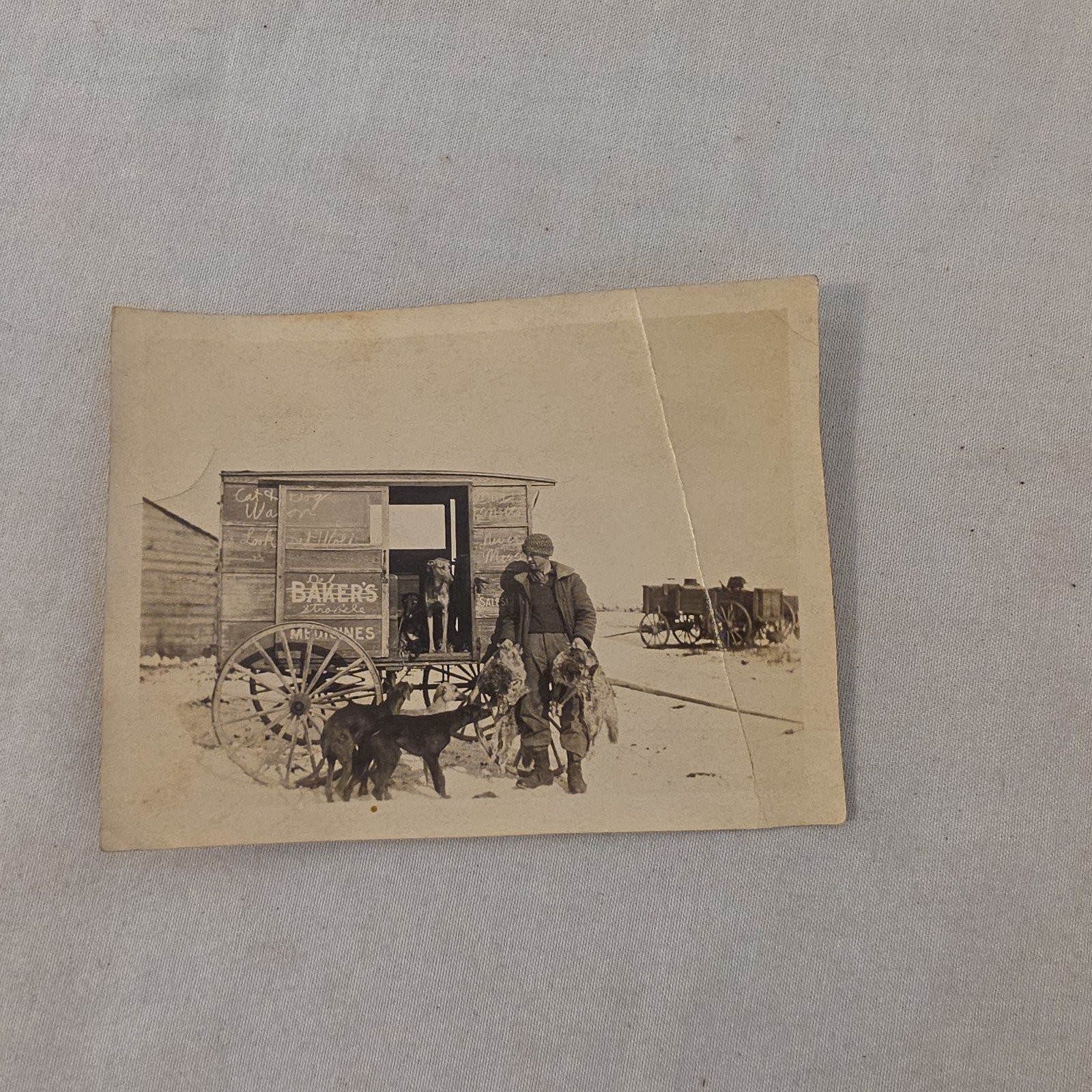 Vintage 1920s Photo Hunter Trapper Baker\'s Medicines Wagon Dogs Ipswich SD 1922