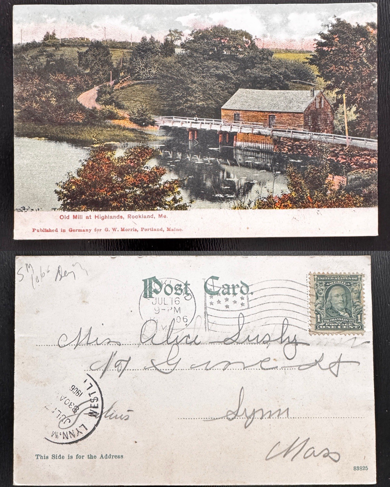 1906 Old Mill at Highlands Rockland Maine Scenic Bridge River Undivided Back B4