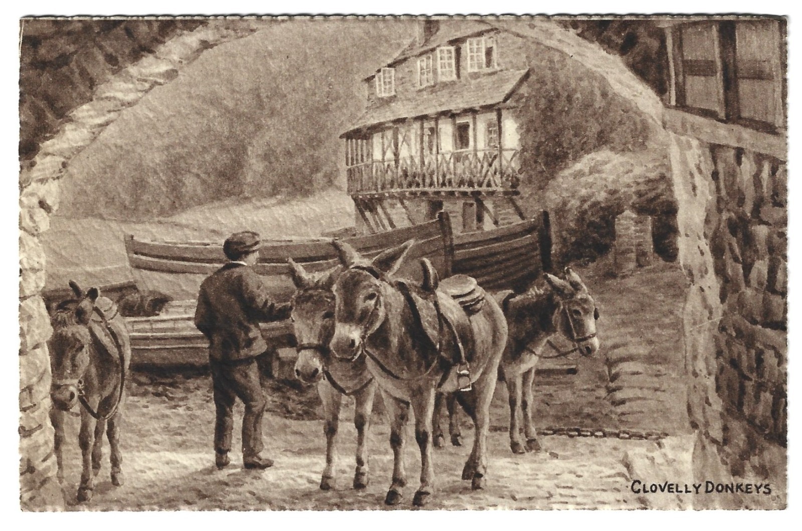 Rare Clovelly Donkeys Devon England Vintage Sepia Postcard Salmon Series UK