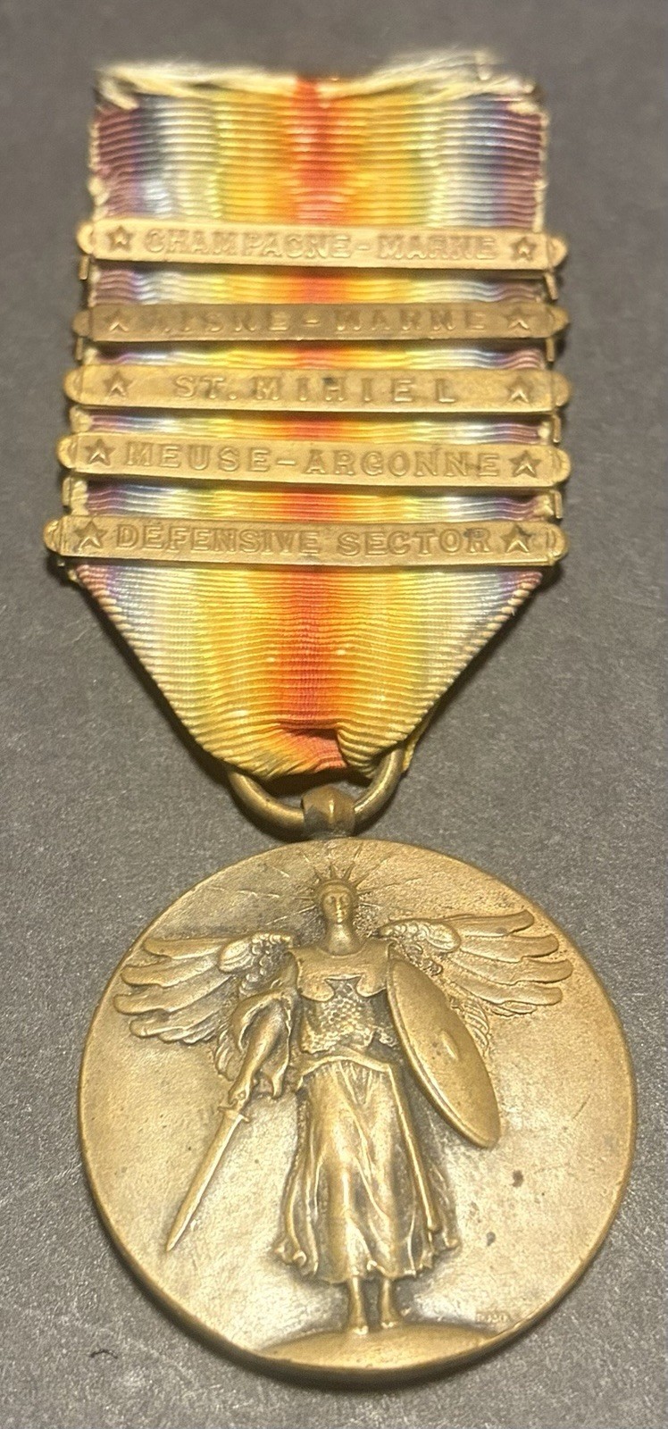 ORIGINAL WWI VICTORY MEDAL W/5 BARS CHAMPAGNE AISNE MIHIEL ARGONNE DEFENSE