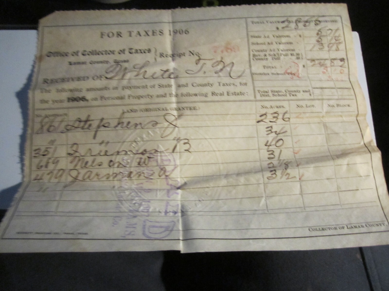 1906 STATE OF TEXAS TAXES RECEIPT ON PERSONAL AND REAL ESTATE RECEIPT - BBA-25C 1906 STATE OF TEXAS TAXES RECEIPT ON PERSONAL AND REAL ESTATE RECEIPT - BBA-25C