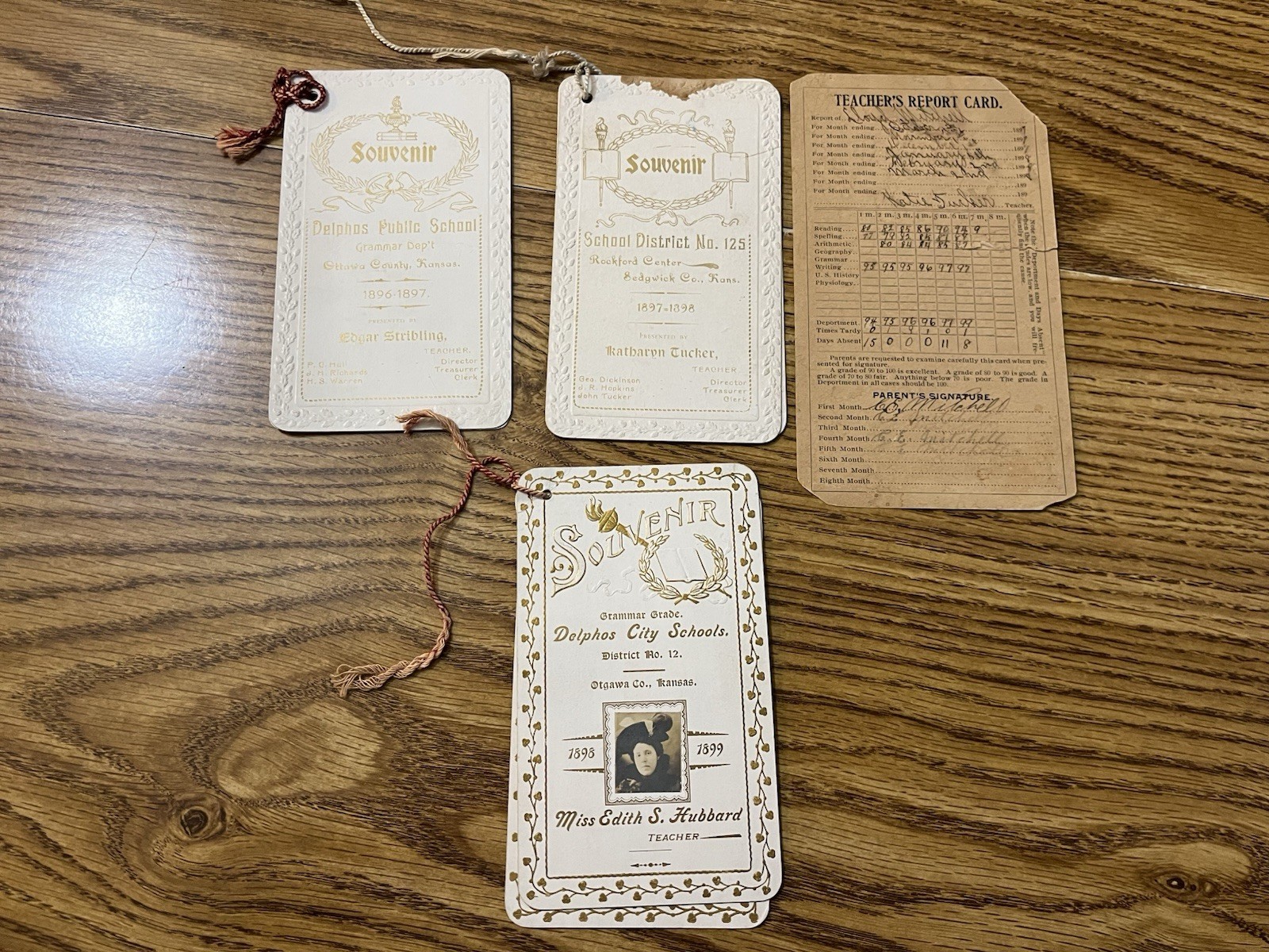Antique School Souvenir Cards 1896-98 & Report Card Delphos Otagwa Kansas LOT