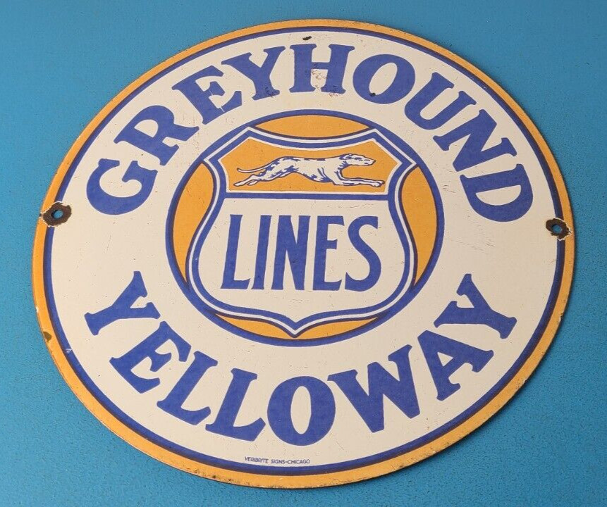 Vintage Greyhound Yelloway Porcelain - Bus Line Company News Gas Pump Sign