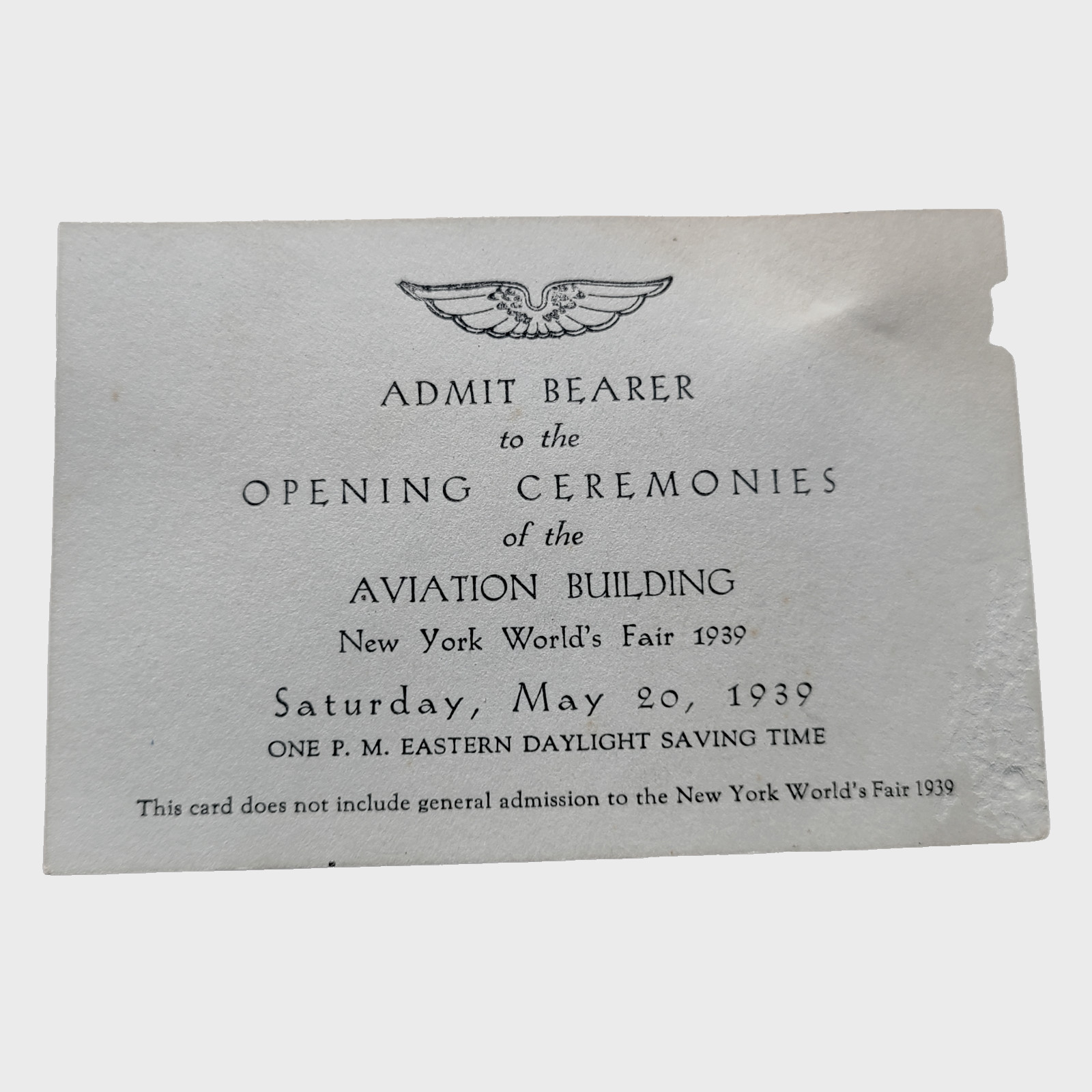 RARE 1939 NY World\'s Fair AVIATION BUILDING Opening Ceremonies Ticket May 20