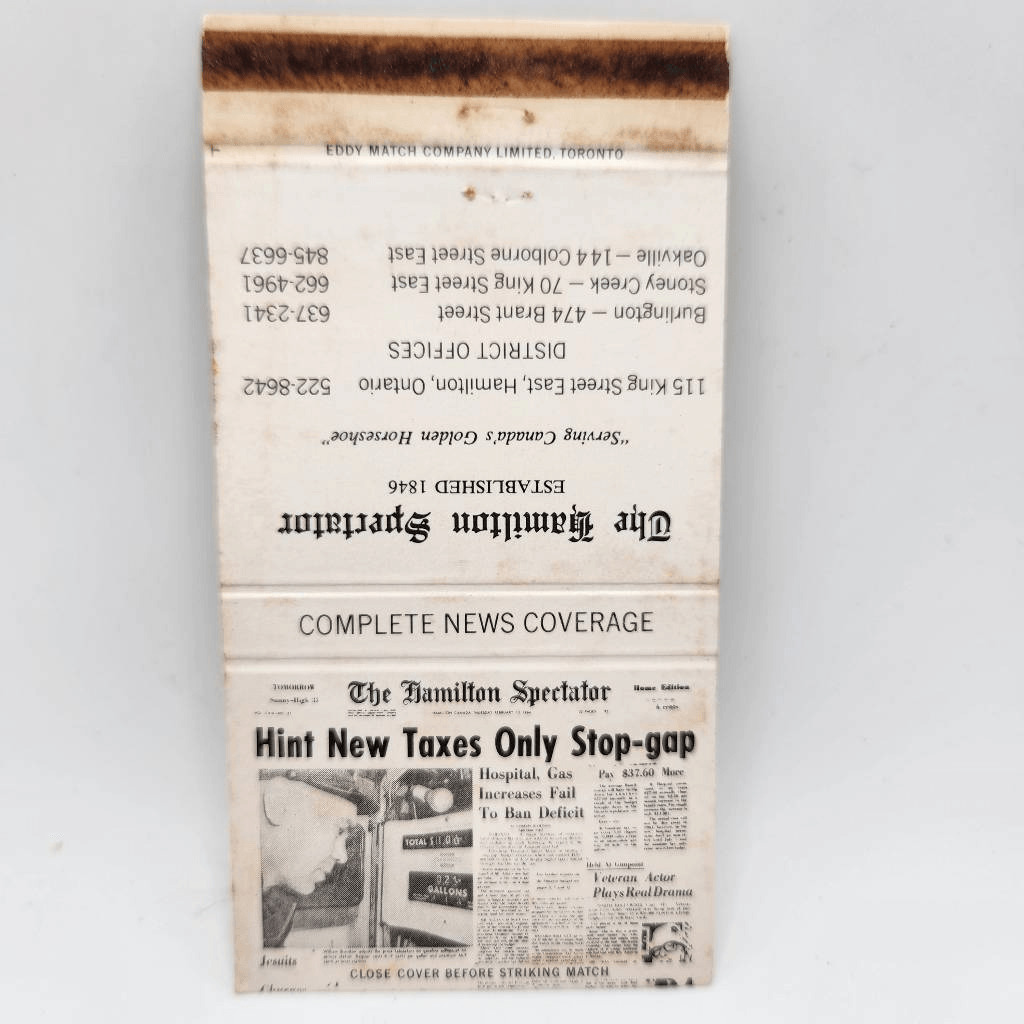 Vintage Matchcover The Hamilton Spectator Newspaper Golden Horseshoe Ontario Can