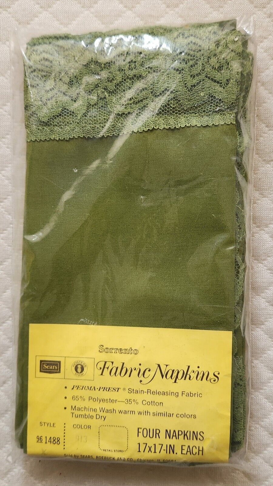 Sears Vintage Lace Perma Prest Napkins. New, sealed. Moss green. 17x17. Set of 4