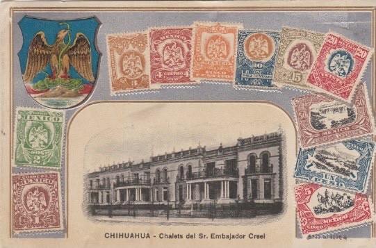 Vintage Postcard-Mexican Postage Stamps & Chalet-CHIHUAHUA, Mexico