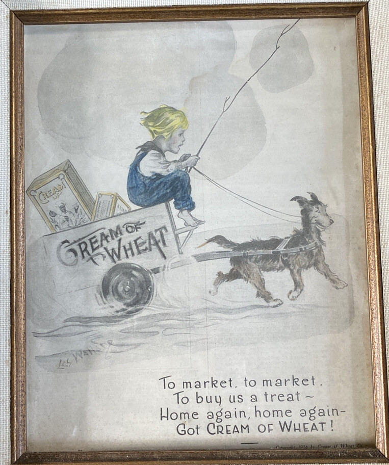 VTG 1916  Cream of Wheat Ad  Leslie Wallace Original Framed Wagon Kid Dog Signed