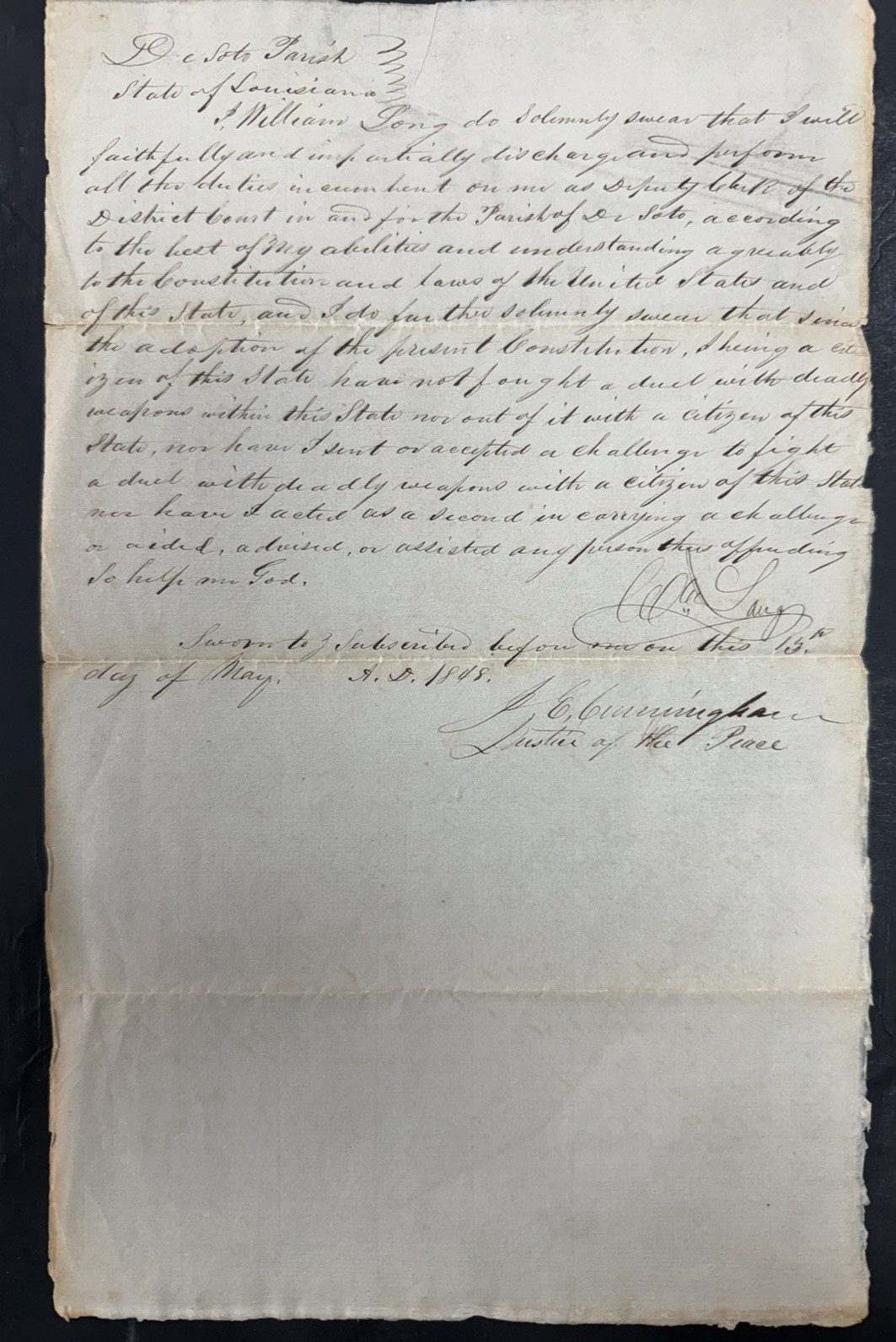 1848 Louisiana Manuscript Document re: Government Job and Duels - Rare