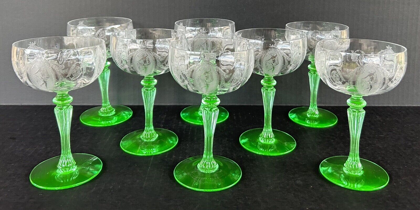 Tiffin Glass Classic Green Uranium Stem Nymph Etched Champagne Glasses Set of 8