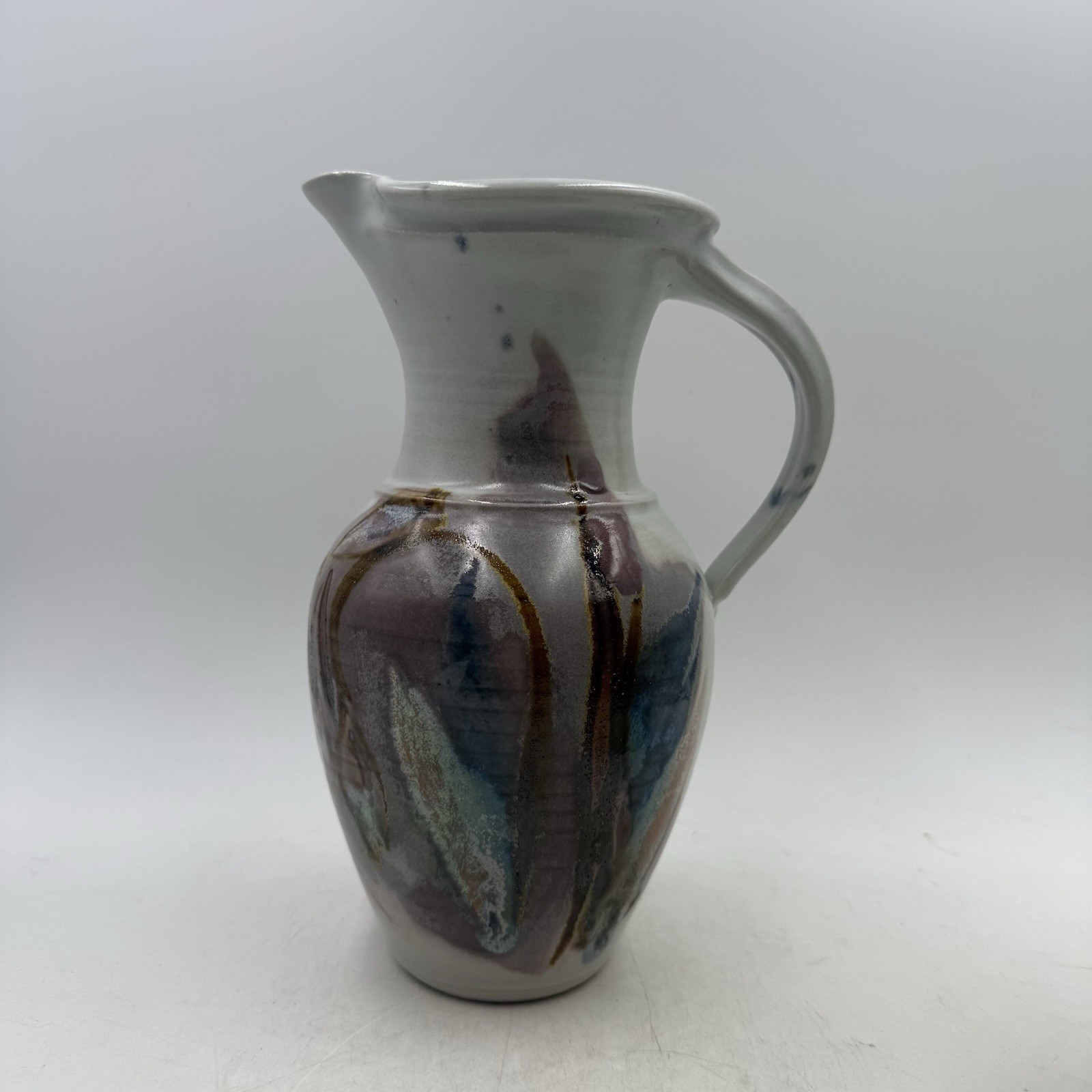 Studio Art Pottery Hand Thrown Pitcher Jug Artist Signed Abstract Design 9.25” T